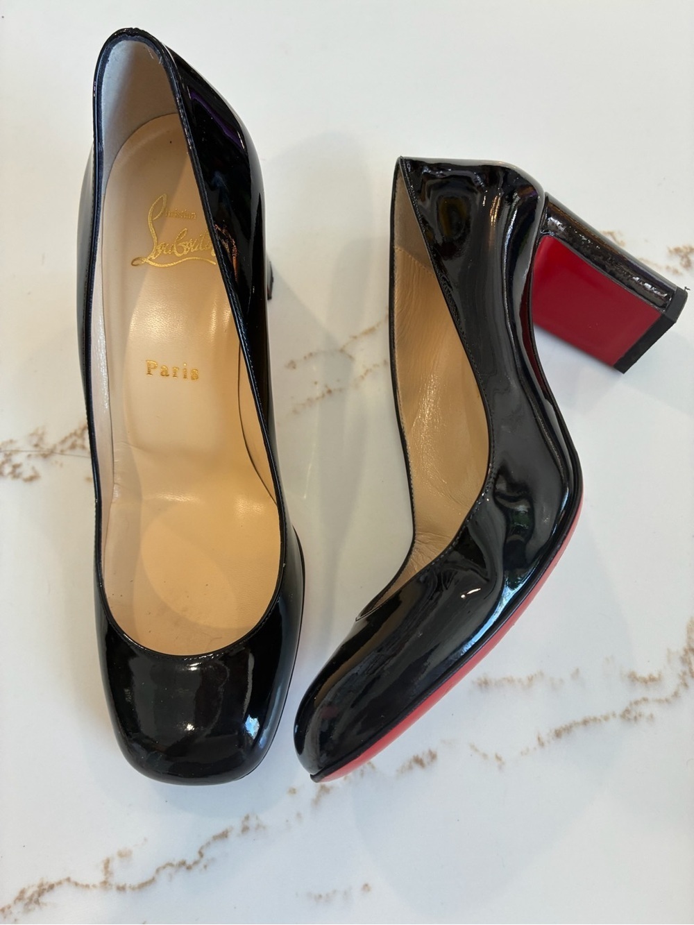 Christian Louboutin Black Patent Block Heel Pumps with Red Sole
